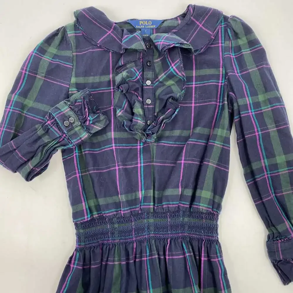 Polo by Ralph Lauren Girls Dress Navy Plaid Ruffle | Short Mini 7 Regular